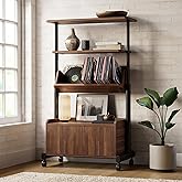 FENGE Bookshelf with Cabinet, 4 Tier Bookcase with Door, 51.6" Book Storage Organizer with Adjustable Shelf and Wheels, Moder