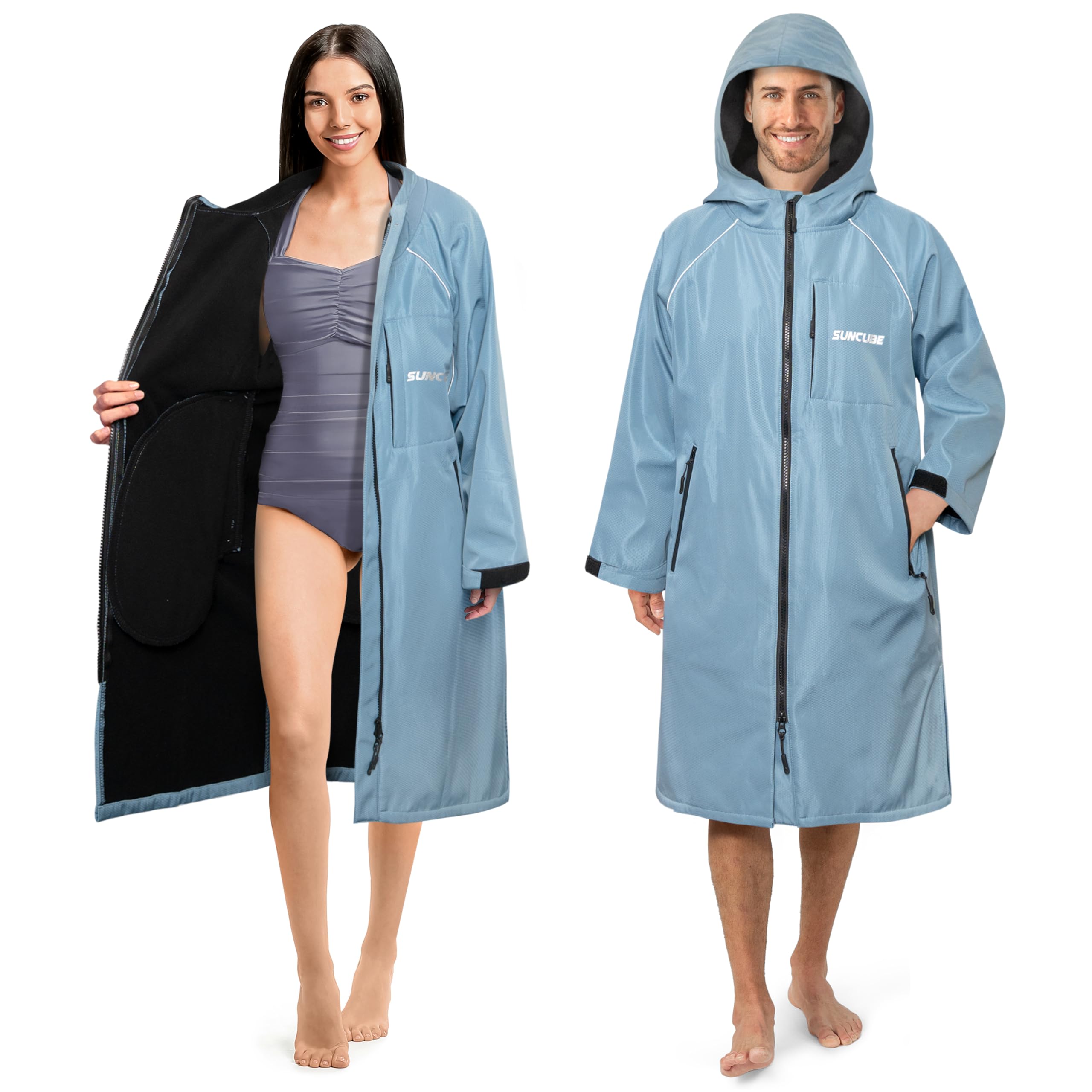 Photo 1 of SUN CUBE Swim Parka Men Women, Unisex Hooded Changing Robe with Water Resistant Shell and Warm Fleece Lining for Swimming, Surfing, Triathlon, Water Sports, Light Blue
