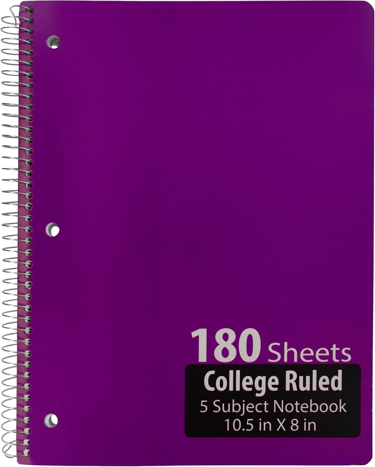 Emraw 5 Subject Notebook Spiral with 180 Sheets of College Ruled White Paper - Set Includes: Red, Black, Purple, Blue Covers (Random 3 Pack) : Office Products