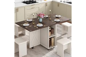 CHARTUSTRIABLE 5 PCS Farmhouse Dining Table Set for 4,60" Large Folding Dining Table Set w/ 4 Leather Chairs, Drop Leaf Foldable Kitchen Table for Small Spaces,Barn Door Design,6 Wheels,2-Layer Storage Shelf,Brown