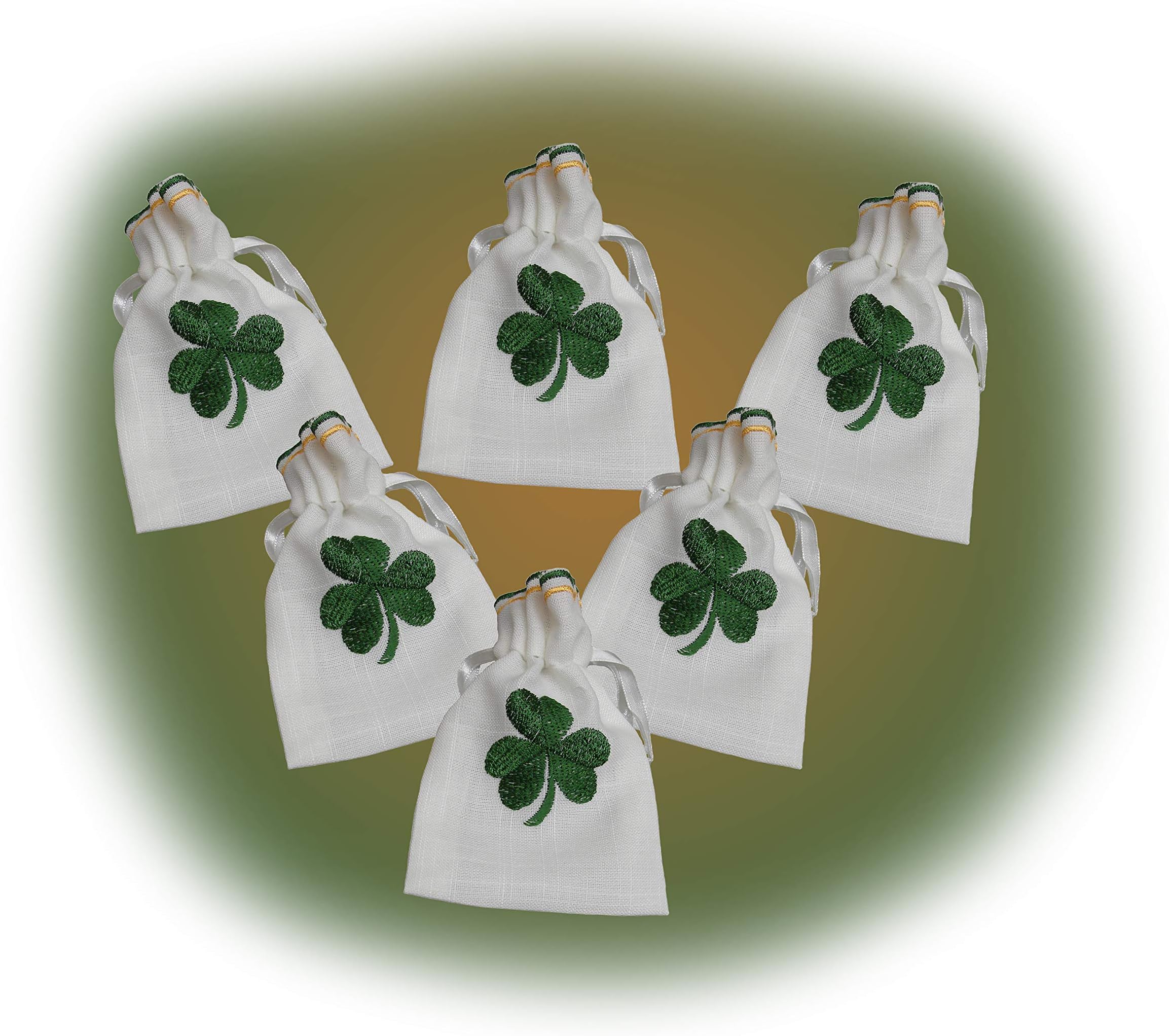 6 New Linen Look Irish Ireland Shamrock Embroidered Wedding Favour Drawstring Gift Bags ZS60