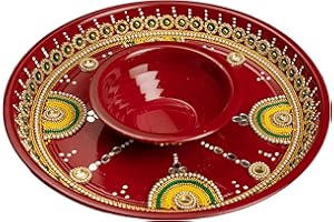 ADITRI CREATION Red Pooja Thali with Katori Vaati for Haldi Puja Rituals Platter Puja Plate Decorative Steel Puja Thali with Essential Pooja Articles for Wedding Festival Pooja Decorations(Size-10" Inches)