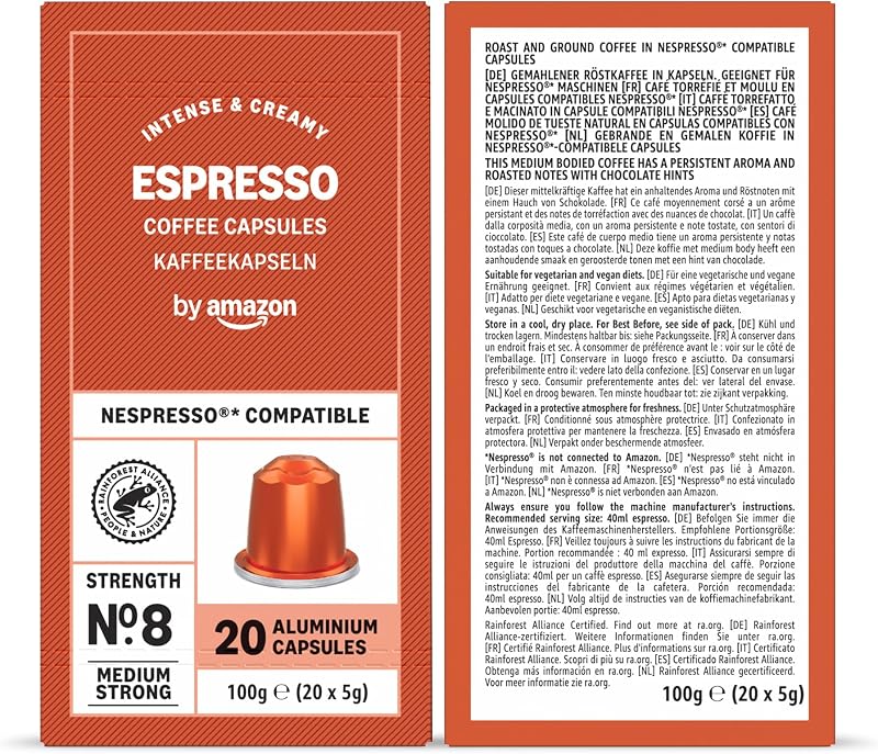 Capsules de café Paquet Varié compatibles avec Nespresso, Torréfaction Moyenne, Capsule en Aluminium, 100 Pièces, 5 lot de 20 - Certifié Rainforest Alliance