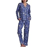 Karen Neuburger womens Girlfriend Long Sleeve Notch Collar Button Up Top and Pant With Lace 2-piece Pajama Set