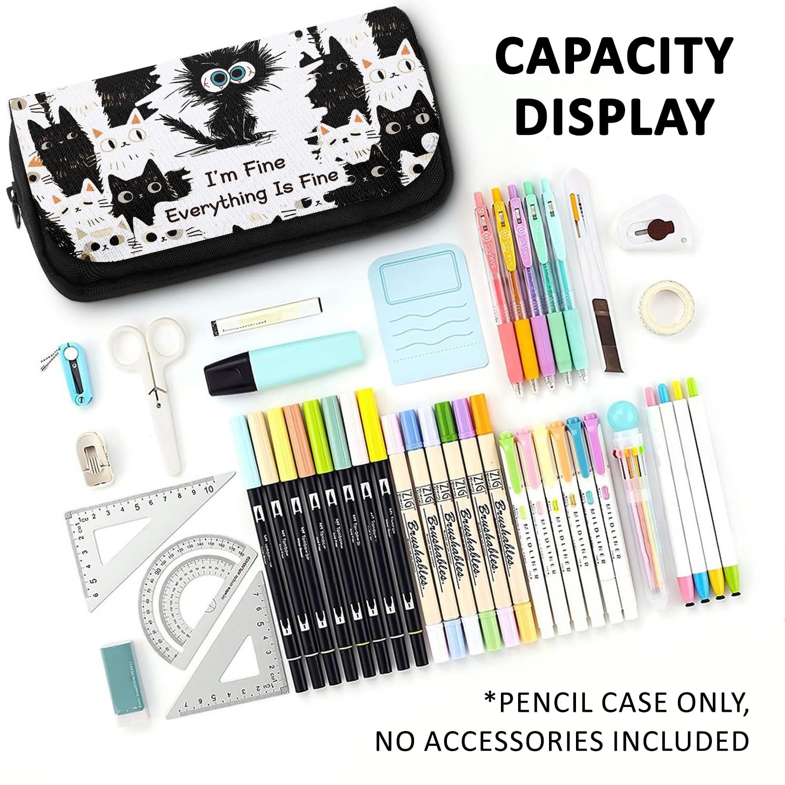 Cat Pencil Case for Boys Girls Cartoon Black Cat I'm Fine Pencil Pounch Large Capacity Flip Top Pen Bag with Zipper Back to School Supplies Cats Themed Pen Holder Office Student Stationery Box