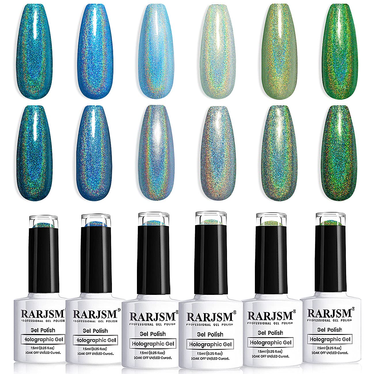 RARJSM Holographic Gel Nail Polish Set,Glitter Blue Green Gel Polish Kit Misty Forest Collection Soak Off 6PCS 7.5ML Curing Required Unicorn Mirror Laser Effect Nail for Salon Home Manicure