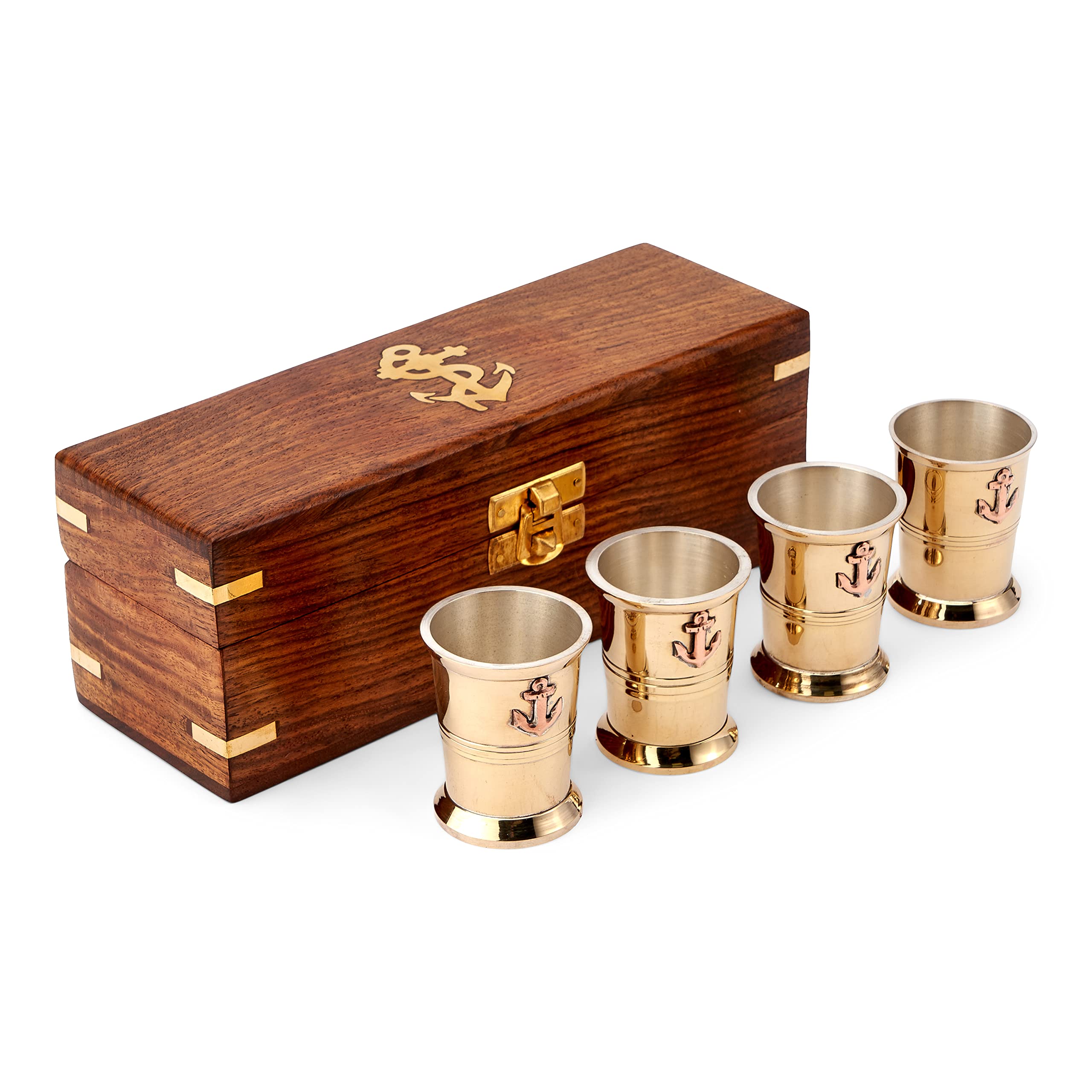 NKlaus Maritim 4 cl brass tumblers silver plated inside in wooden box Rum tumbler 11709
