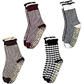 ERMO NKES Cute Polka Dot Yoga Socks for Women – 4 Pairs Non Slip Grip Pilates Barre Socks, Ruffle Crew Style, US Size 5-9