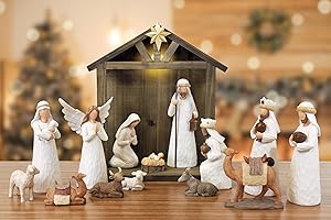Fovths 16 Pieces Christmas Nativity Scene Set LED Classic Nativity Wooden Stable Manger Figurine Resin Decor 7 Inch Religious Family Figurines for Xmas Holiday Home Fireplace Centerpieces