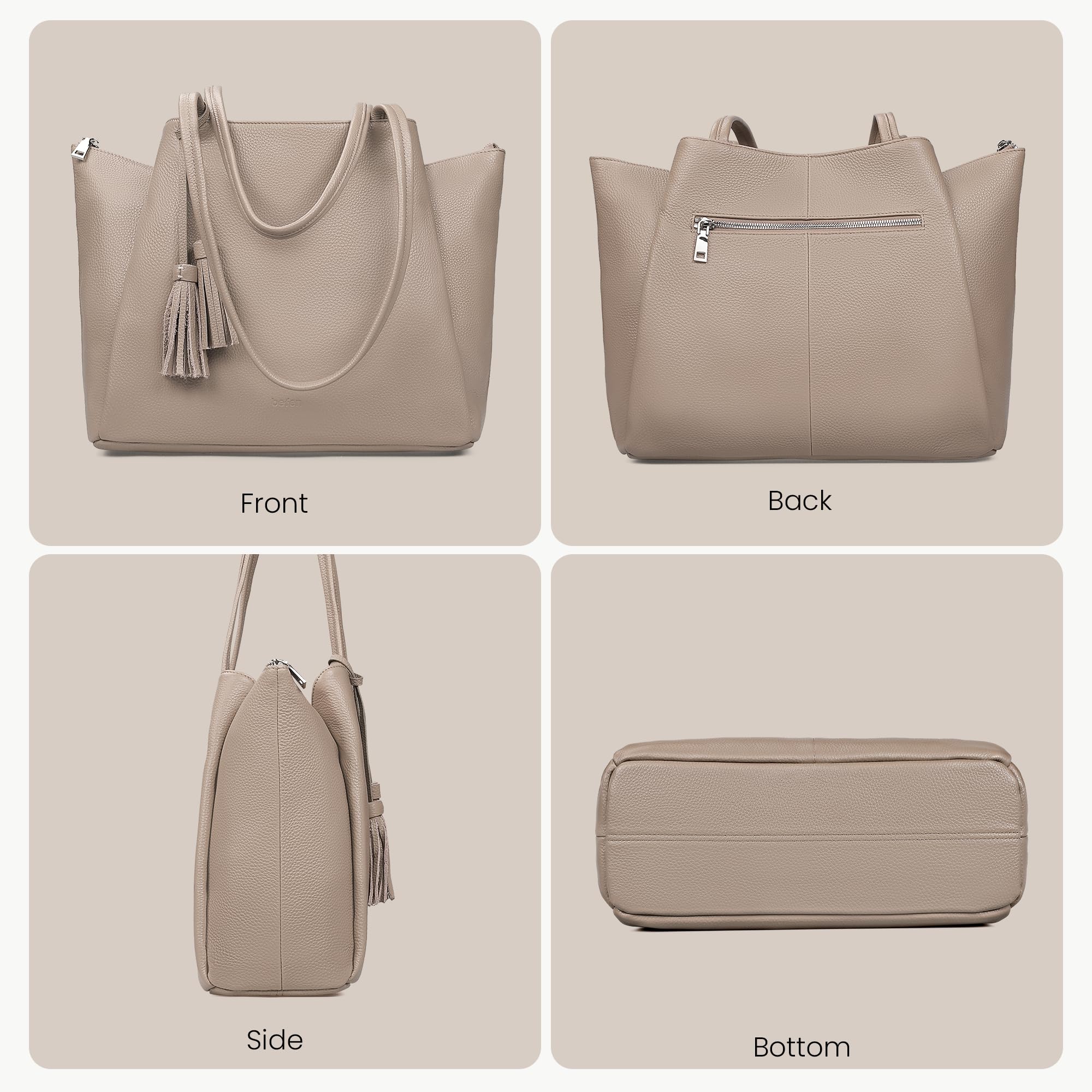 befen Tragetasche aus echtem Leder für Damen, Arbeit, Laptop-Tragetasche, Schultertasche, Tragetaschen mit Fächern, Handtaschen, Taupe, Medium