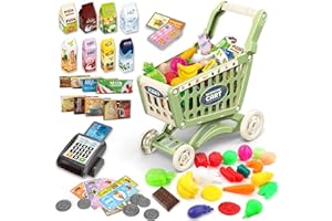 deAO Kids Shopping Cart Trolley for Groceries Toddlers 65 Food Fruit Vegetables Pretend Play Food Role Play Educational Toy Play Kitchen Toys Store Playset (Green)