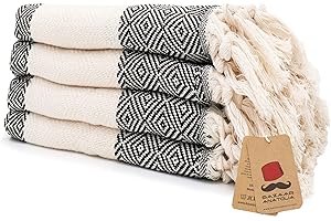 Bazaar Anatolia Hand Towels - Set of 4 | 39" x 19" - Decorative Turkish Hand Towel for Bathroom, 100% Cotton, Kitchen, Face, Hair, Tea, Dishcloth, Diamond Hand Towels - Diamond Black