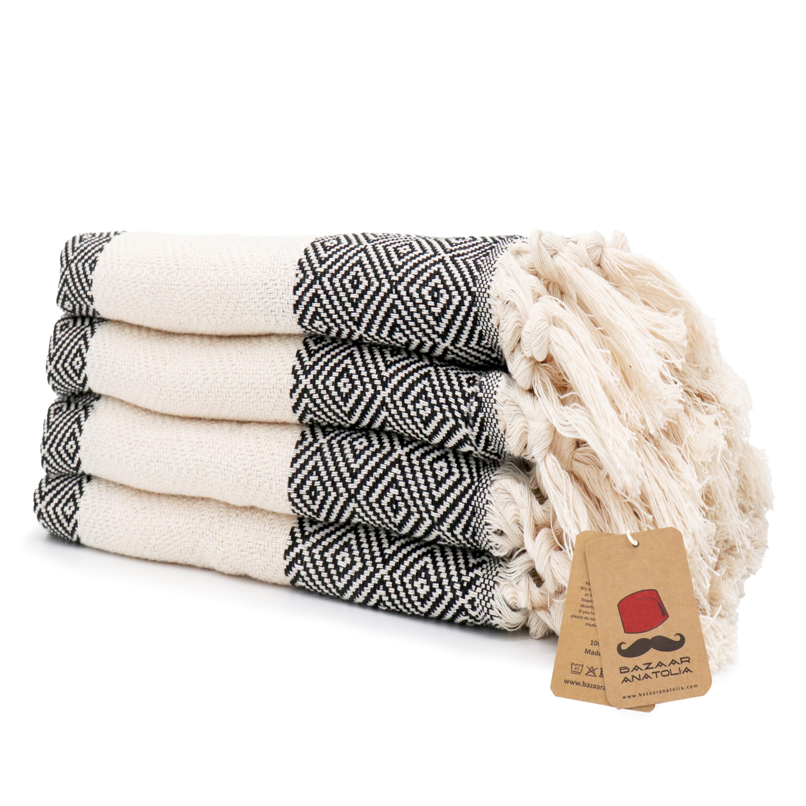 Turkish Hand Towel Set of 4 Diamond Peshtemal Towel 100% Cotton 45x20 Light Weight Thin Quick Dry Hand Hair Gym Face Bath Tea Kitchen Dishcloth Set Decorative Bathroom Towel (Black)