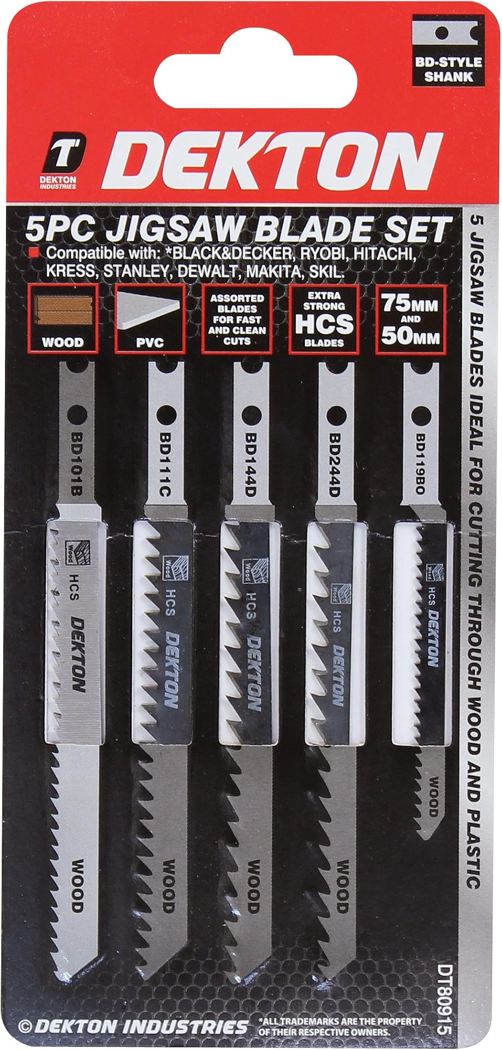 Dekton 5 Pc B & D Type Jigsaw Blade Set 75mm & 50mm HCS Blades