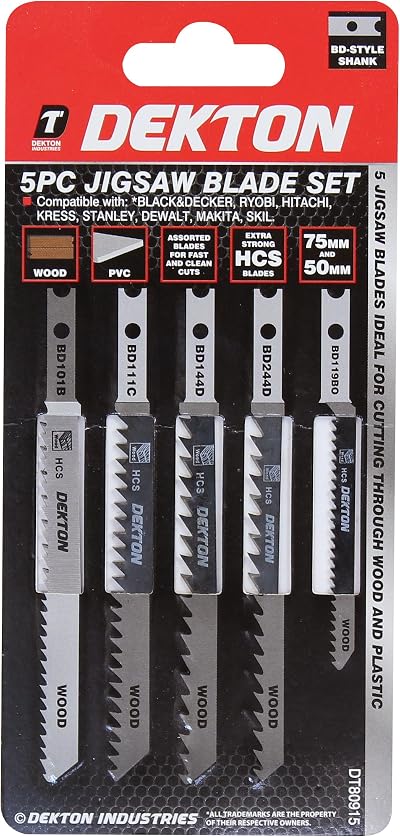 Dekton 5 Pc B & D Type Jigsaw Blade Set 75mm & 50mm HCS Blades