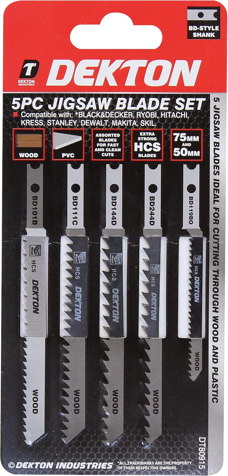 Dekton 5 Pc B & D Type Jigsaw Blade Set 75mm & 50mm HCS Blades