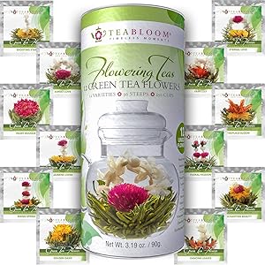 Teabloom Flowering Tea - 12 Unique Varieties of Blooming Tea Flowers - Hand-Tied Natural Green Tea Leaves & Edible Flowers - 12-Pack Gift Canister - 36 Steeps, Makes 250 Cups