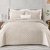 Exclusivo Mezcla Soft Quilt Set Queen Full Size, 3 Pieces Lightweight Quilts Brich Beige Bedspreads Coverlets Bedding Set for All Seasons, Weave Pattern