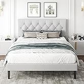 CXVX Queen Size Platform Bed Frame with Upholstered Headboard, Button Tufted Design, Strong Wooden Slats, No Box Spring Needed, Easy Assembly, Noise Free