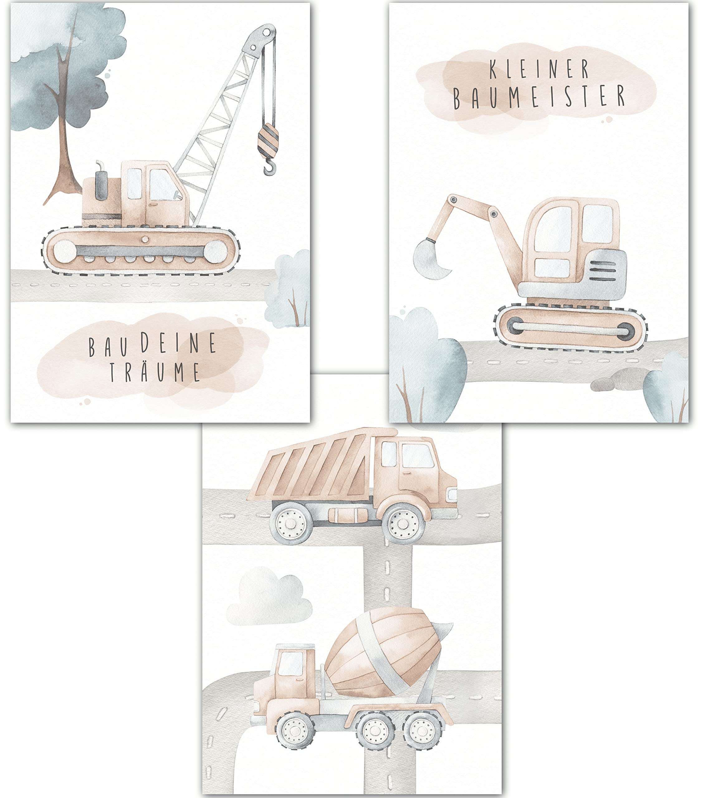 double critical Lemmami Papeterie Set of 3 Wall Pictures Children's Room Baby Room Poster Pictures DIN A4 Boys Decoration Digger Construction Site Builder (Set of 3 Pictures, Pastel, Wall Decor)