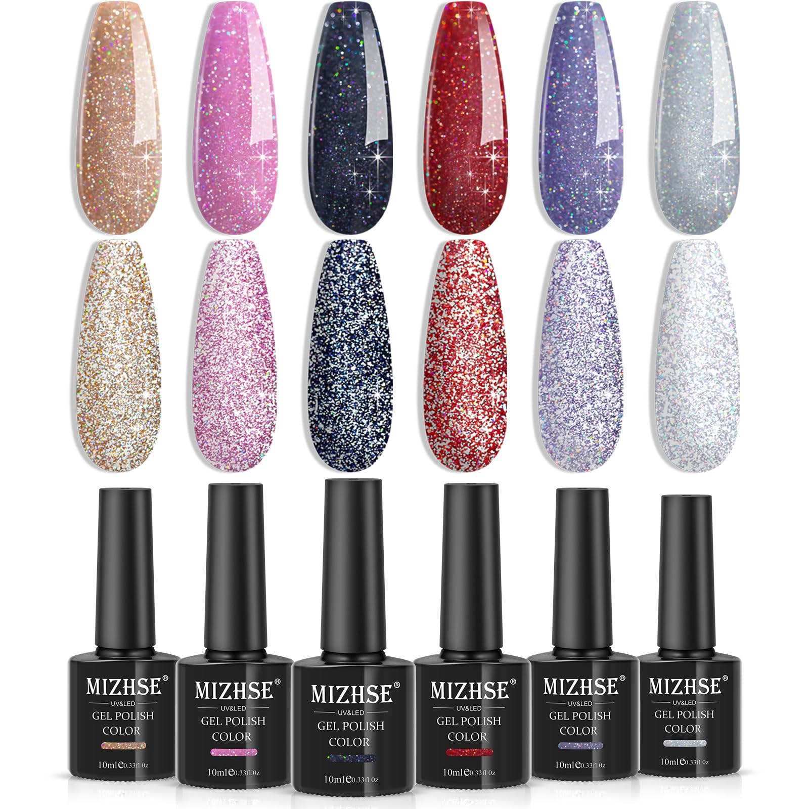MIZHSE Glitter Gel Nail Polish Set, 6 Colours Sparkly Reflective Glittery UV Gel Polish,10ml x 6