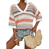 jonivey Womens 3/4 Sleeve V Neck Fall Casual Crochet Knit Sweater Hollow Out Striped Tops Vacation Outfits