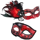 MYSEUNI 2025 New Masquerade Mask with Feather for Couples - Women's Masquerade Mask with Feather & Men Venetian Costume Mask