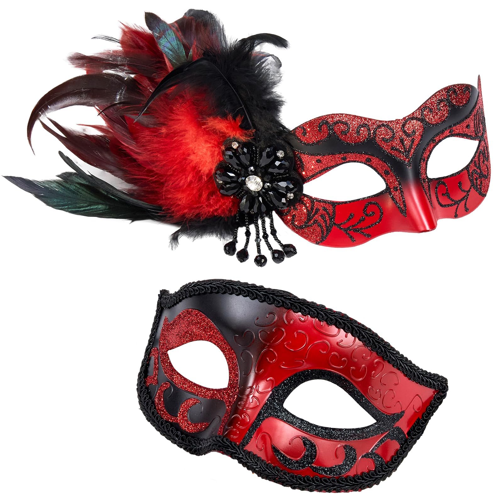 MYSEUNI 2025 Venetian Mask for Couples with Feathers Red Masquerade Mask for Men Women Halloween Carnival Cosplay Party Prom