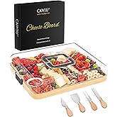 CAWIU Portable Travel Charcuterie Board with Lid and Handle - Large Bamboo Cheese Board with 4 Cheese Knife Set for Outdoor, Picnics - Weddings, House Warming Gift for Women (6 Compartments, Black)