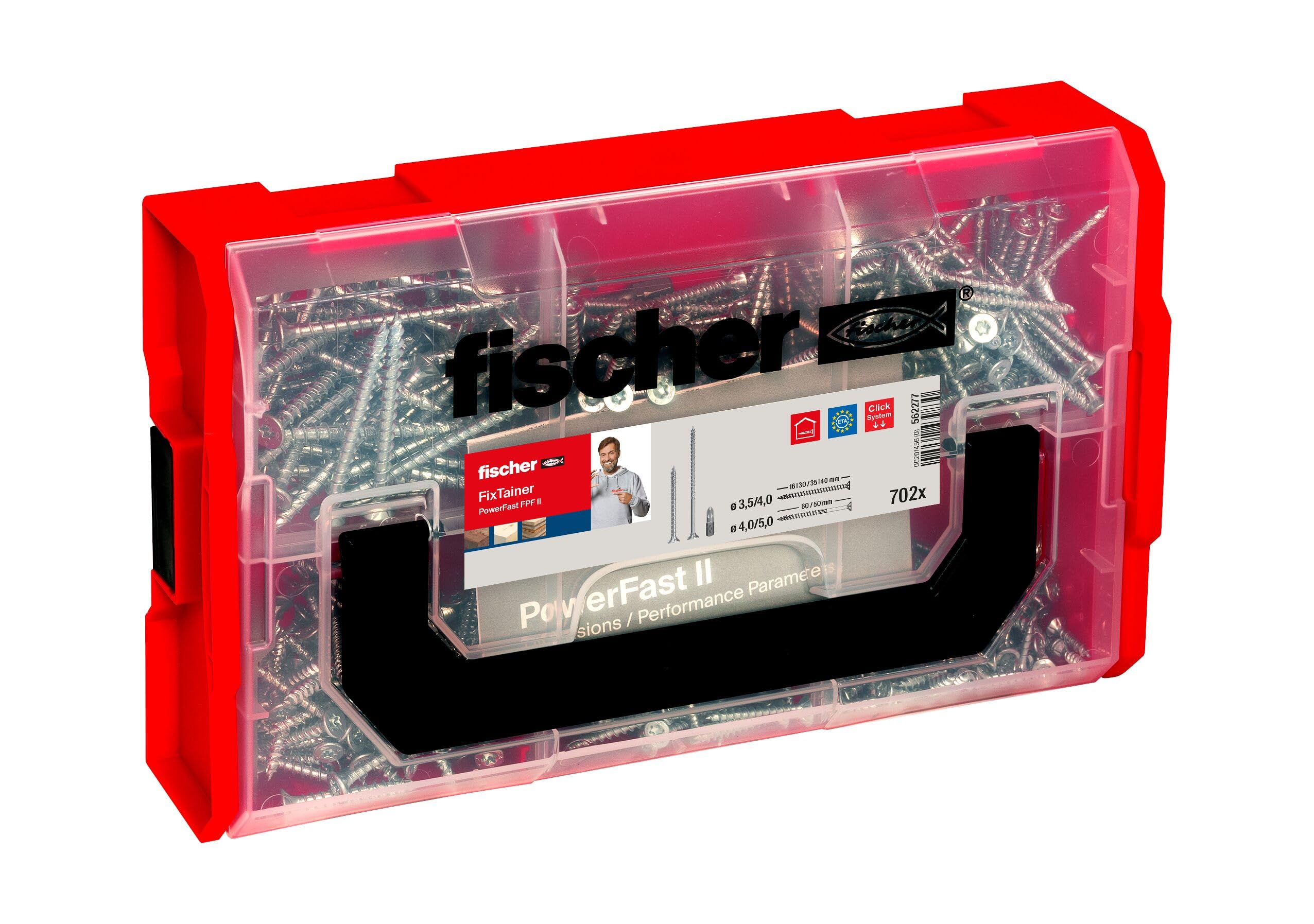 fischer FixTainer PowerFast II Chipboard Screw, Presorted Assortment Box with 700 Screws and 2 Bits, Countersunk Head, Partial Thread, Full Thread and PZ Drive, Universal Fixing Kit — image 1