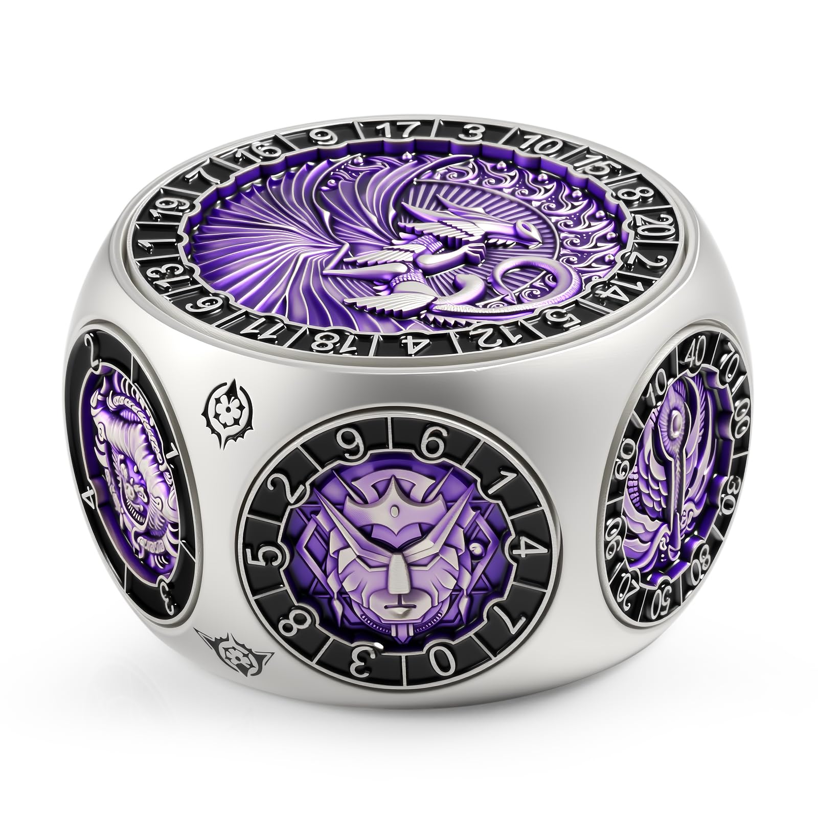 DNDND Unique Spinner D&D Dice, 8-in-1 Hexagonal Metal DND Dice with Dual D20 Monster Themed Dice Set for DND Dungeons and Dragons, Dungeon Masters with Collectible Gift Tin (Silver with Purple)