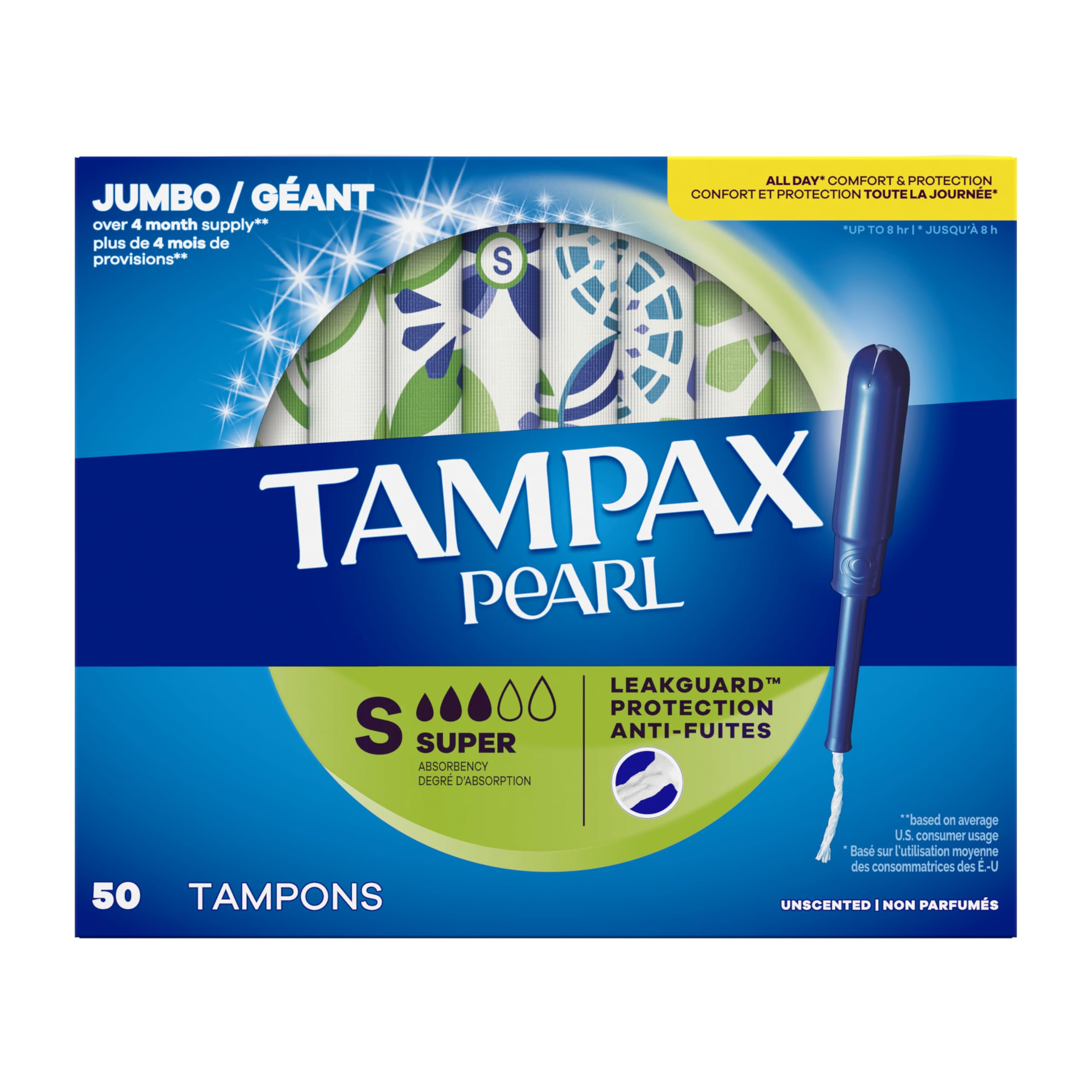 Tampax Pearl Tampons for Women, with LeakGuard Braid, Super Absorbency, Unscented, 50 Count