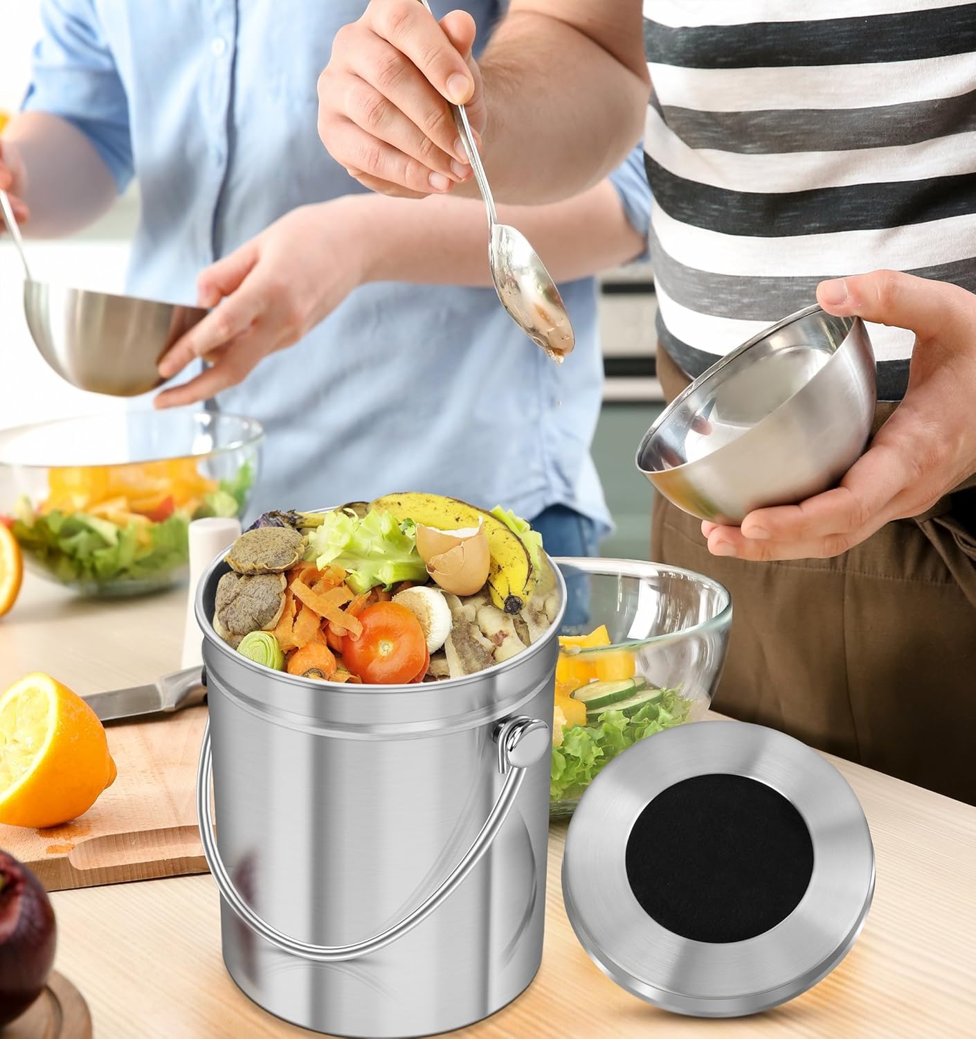 Utopia Kitchen Stainless Steel Compost Bin for Kitchen Countertop - 1.3 Gallon Compost Bucket for Kitchen with Lid - Includes 1 Spare Charcoal Filter: Kitchen & Dining