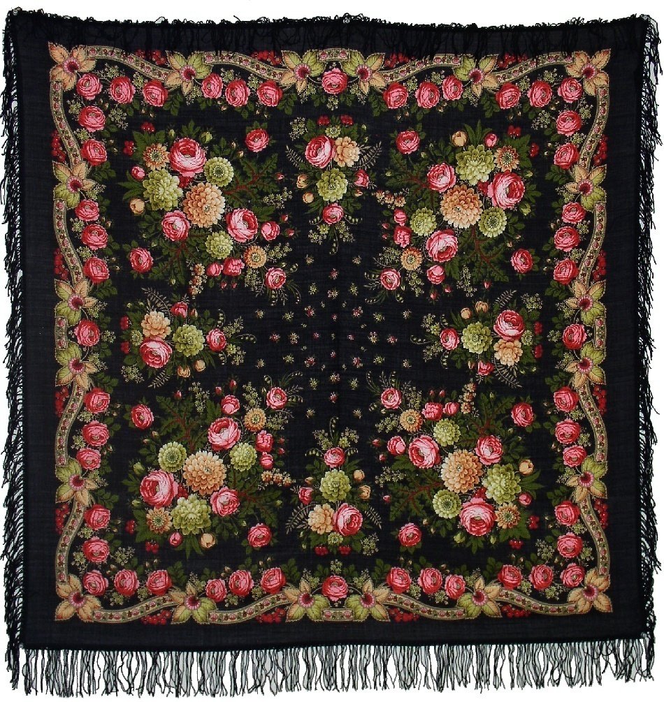 Pavlovoposadskiy Platok Women's Russian Wool Shawl With Wool Fringes Pavlovoposadskiy Platok Women's Russian Wool Shawl With Wool Fringes