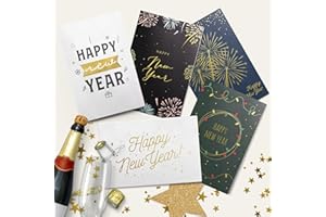 Dessie Boxed Happy New Year Cards - 30 Luxurious Large 5x7 inch Greeting Cards in Vibrant Colors with Gold Foil Accents, Short Greetings Inside. Includes 32 White Envelopes and Sturdy Storage Box