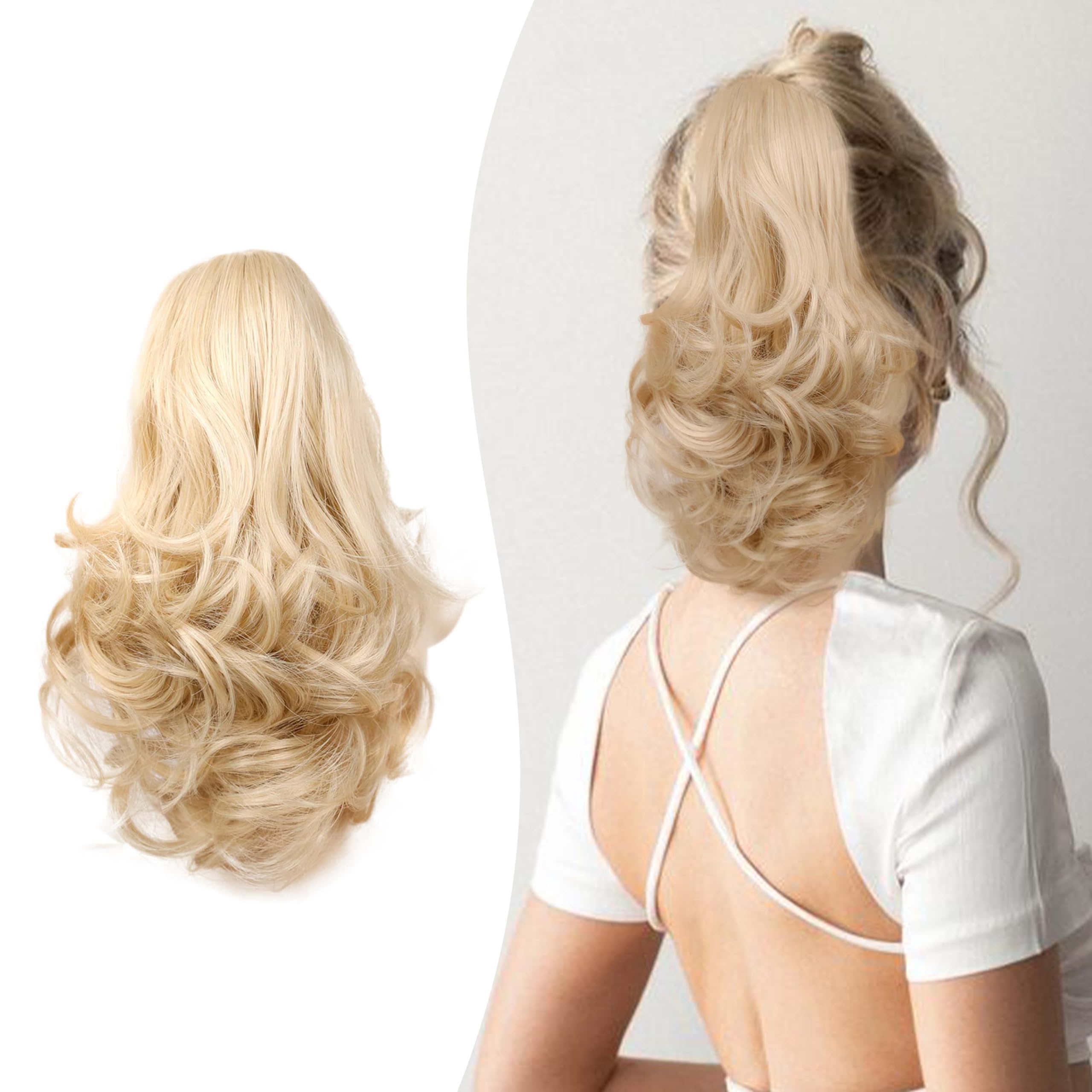 Gairyan 10" Clip in Ponytail Hair Extensions Curly Ponytail Extension Claw on Pony tails Wavy Synthetic Hairpieces for Women Real Natural Short Wave, Dirty Blonde mix Bleach Blonde — image 1