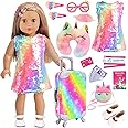K.T. Fancy 23 Pcs American 18 Inch Doll Clothes & Accessories, Cute Doll Suitcase Set with Sequined Dress, Sunglasses, Unicorn Bag, Shoes