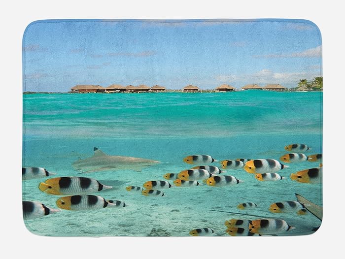 Lunarable Ocean Bath Mat, Blacktip Reef Shark Chasing Butterfly Fish Lagoon of Bora Bora Tahiti, Plush Bathroom Decor Mat with Non Slip Backing, 29.5 W X 17.5 W Inches, Aqua Yellow and Black