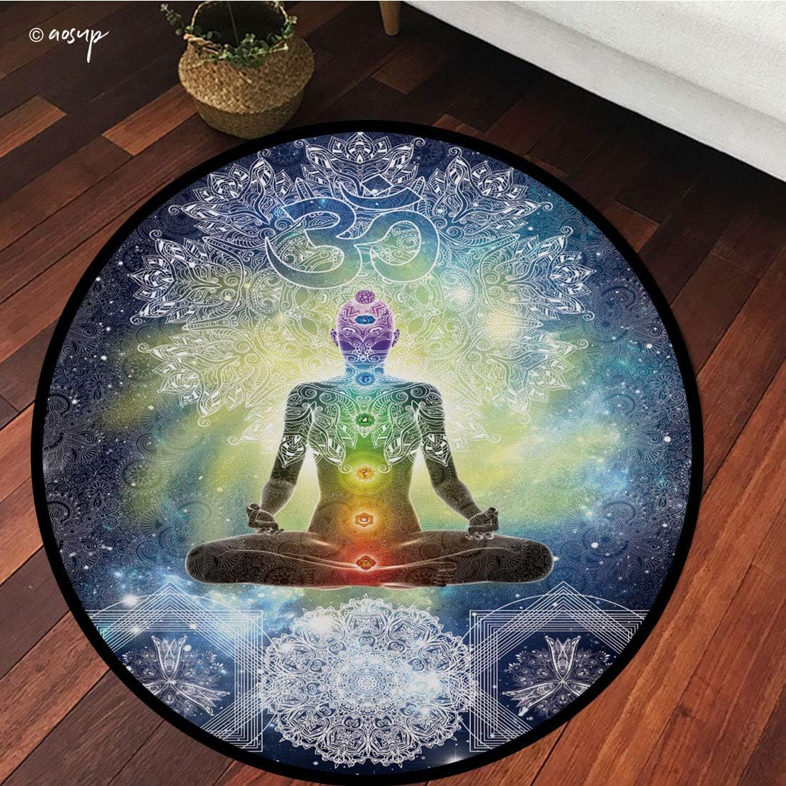 №03685 Round Area Rug Floor Kitchen Carpet, Yoga,Mandala Design Zen Meditation Hippie Style with Sign Chakra Art Print,Turquoise Dark Blue White, for Home Decor