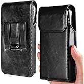 Miimall Cell Phone Holster for iPhone 17, 17 Pro 16, 16 Pro 15, 15 Pro 14, 14 Pro 13, 13 Pro 12, 12 Pro 11, 11Pro XR, Leather Cell Phone Belt Holder Pouch for Galaxy S25 S24 S23 S22 S21, Black-Medium
