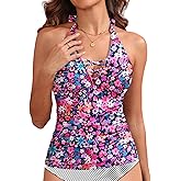 Womens Halter Tankini Tops Only - V Neck Tummy Control Swim Top Lace Up Bathing Suit Ruched Top Only No Bottom 2025
