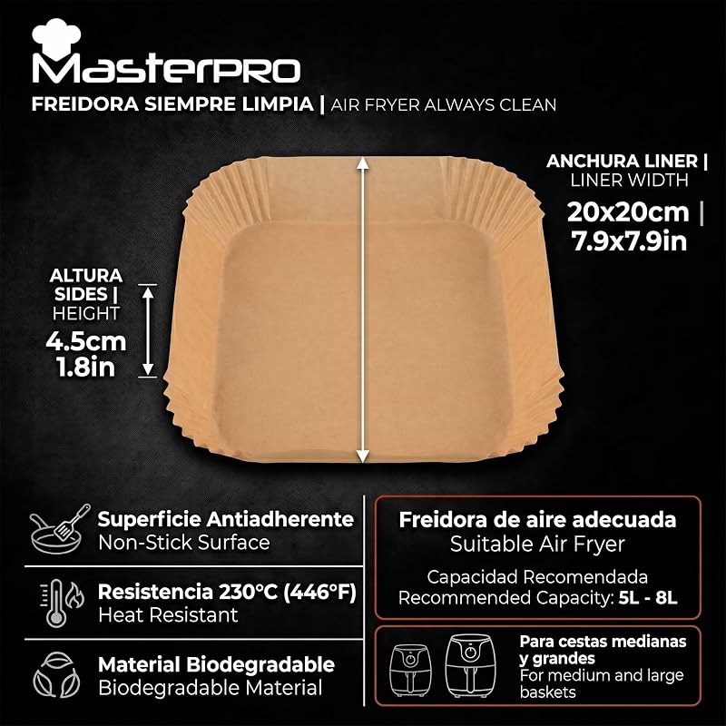 Papel para Freidora de Aire | Pack de 500 Moldes de Papel de Horno Desechable Antiadherente | Compatible con Cosori, Cecotec, Philips| 20x20x4,5cm: Air Fryer de 5 L a 8 L