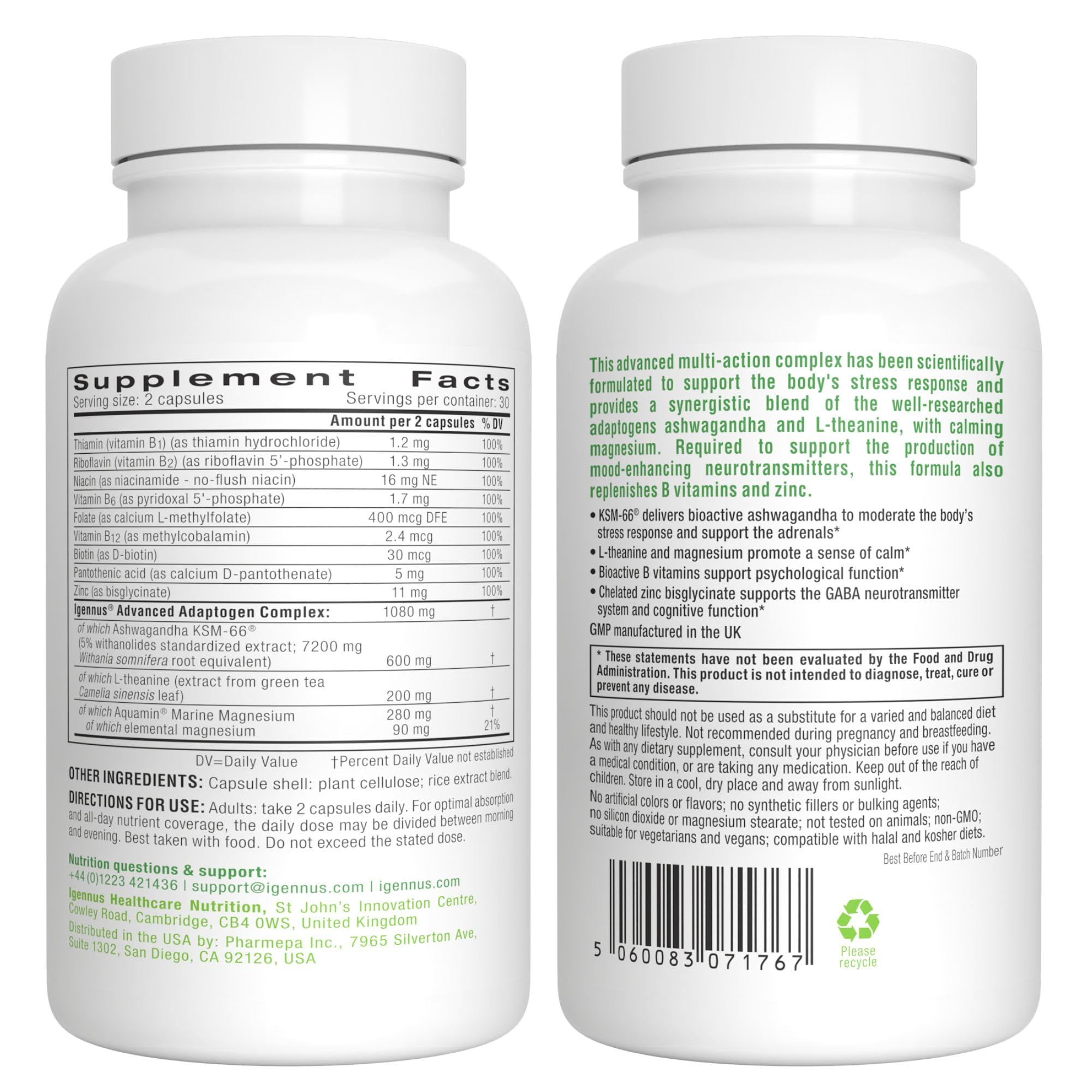 Igennus High Strength Ashwagandha Stress Relief Complex, L-Theanine & Magnesium & KSM-66 Root Extract Adaptogens, Methylated B Vitamins, Calm & Sleep Support, Clean Label, 60 Fast Acting Capsules