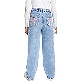 Fulihug Jeans for Girls Baggy Wide Leg Cute Bow High Elastic Waisted Denim Pants Y2K Boyfriend Skater Streetwear 7-14Y