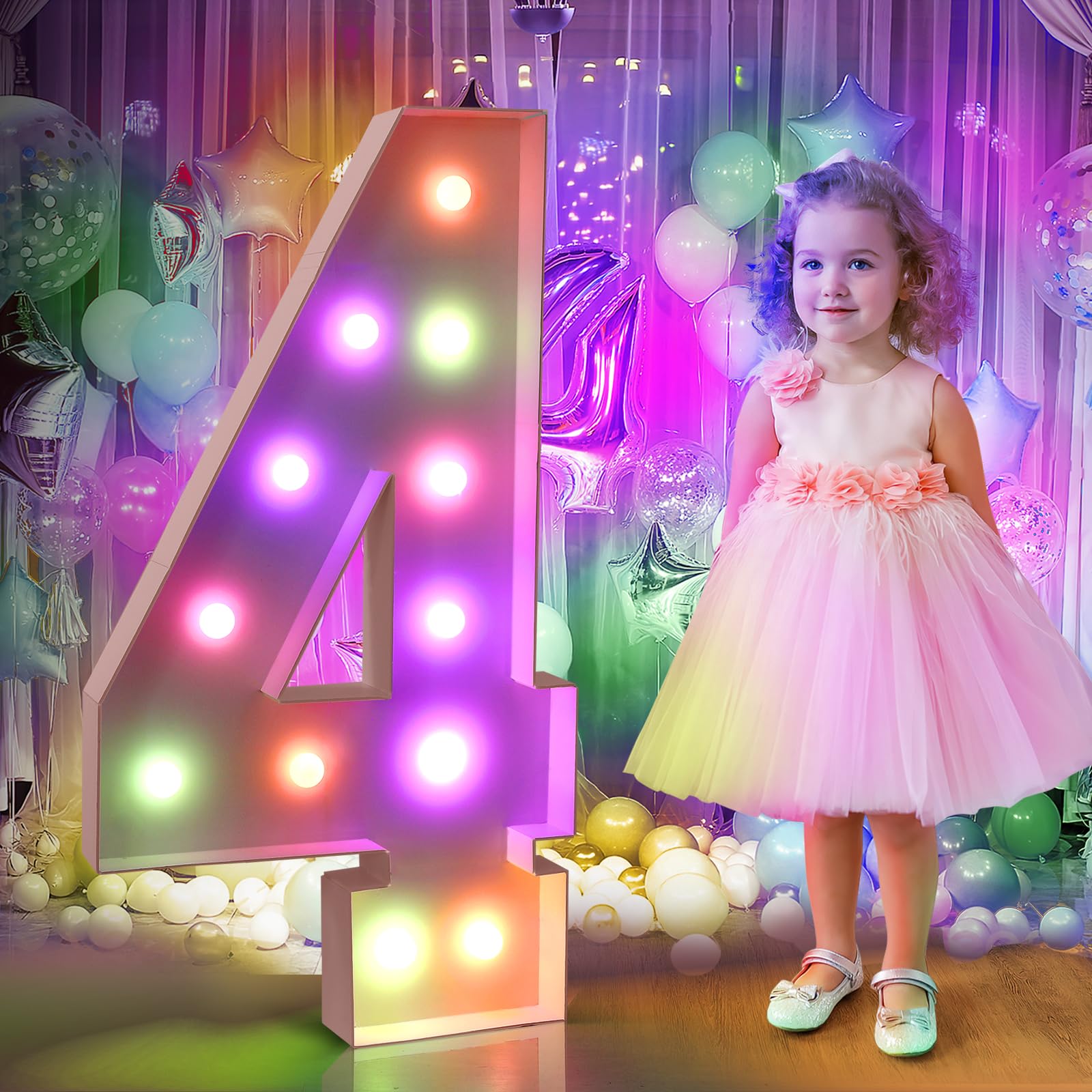 Photo 1 of YBQZ 4FT Colorful Marquee Light Up Numbers, Marquee Numbers with Remote for 14th 24th 40th Birthday Decoration, Mosaic Numbers for Balloon Number 4,Pre-Cut Light Up Number for Anniversary Party Decor