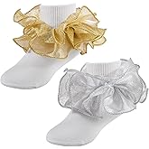 ANEETAFAN Big Ruffle Socks For Girls,Little Girl Lace Frilly Dress Socks Kids Turn Cuff Socks,White & Glod Frilly Princess