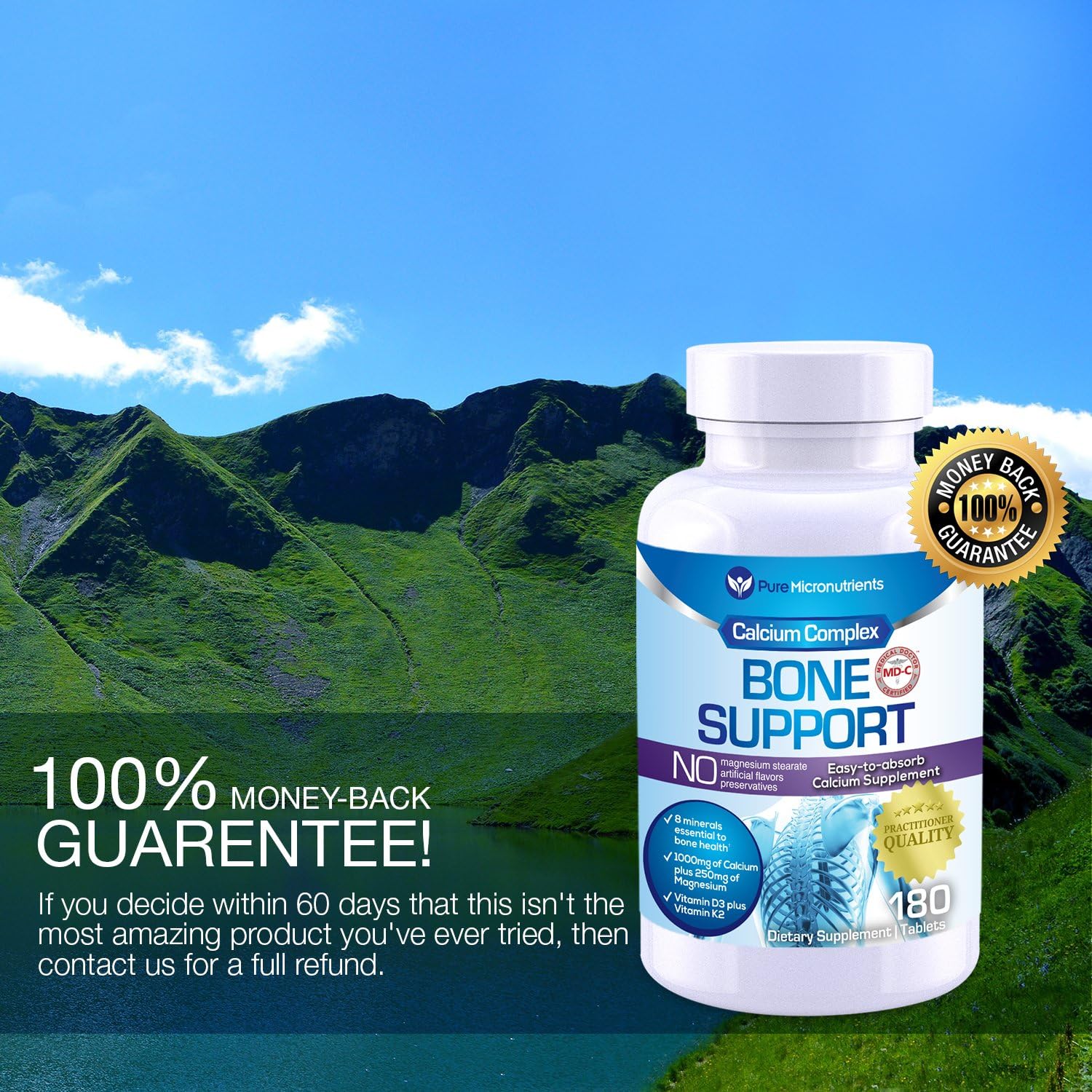 Calcium Supplement (Citrate & Hydroxyapatite 1000mg) for Complete Bone Health + Vitamin D3 K2 Magnesium & More, 180 Tablets - Pure Micronutrients: Health & Personal Care