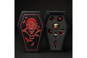 DICEBELL Coffin Box Vampire Dice Set – 7× Handcrafted RPG Resin Dice with 3D Blood Chalices, Bats & Vampire Relics – Gothic Red & Gold Accents for D&D, Pathfinder, MTG