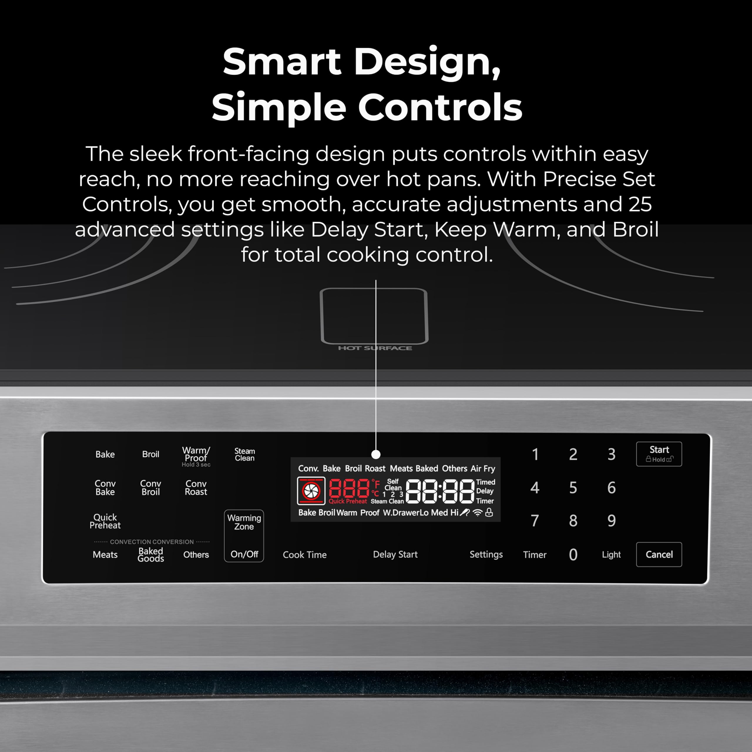 Kenmore 2296833 5.6 cu. ft. Front Control Electric Range Oven - True Convection with 5 Elements, Steam Clean Oven, Broil Function, Chrome Racks, Precision Set Controls, Large Window - Stainless Steel