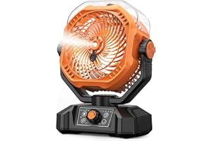 KOONIE Portable Camping Fan, Misting Desk Fan with Remote, 360ML Water Tank, 16000mAh, 5 Speeds, Timer, 18-70 Working Hours, Battery Operated Fan for RV Camp Hurricane Emergency Orange